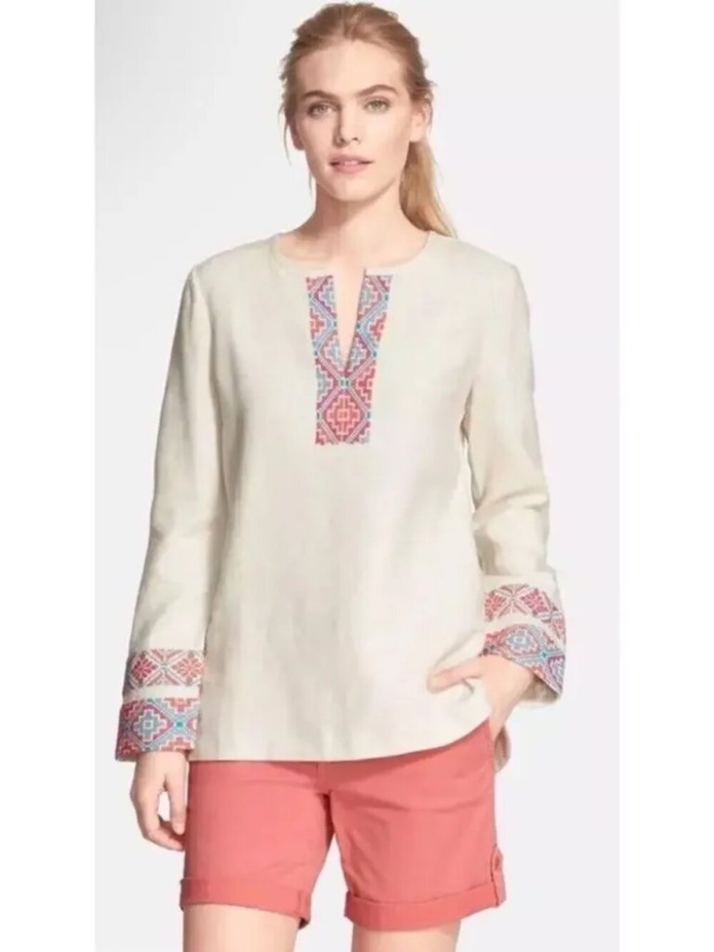 Tory Burch McKenna Tunic 100% linen V-Neck Embroidered Ivory Size 2